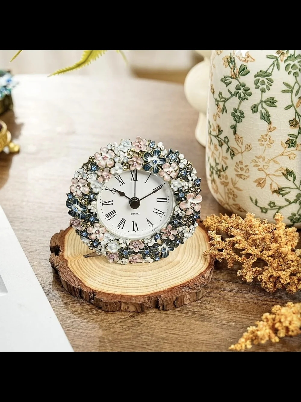 Small Round Floral Quartz Table Clock | Pink & Blue | NEW IN BOX |